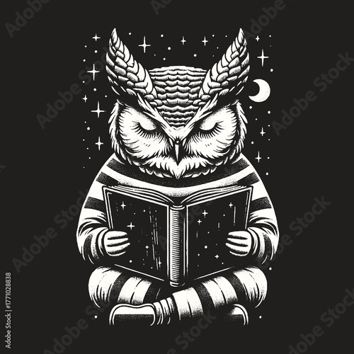 Wise Owl Reading Book Under Stars and Moon.