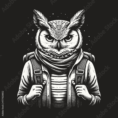 Owl with backpack ready for adventure in monochrome style.