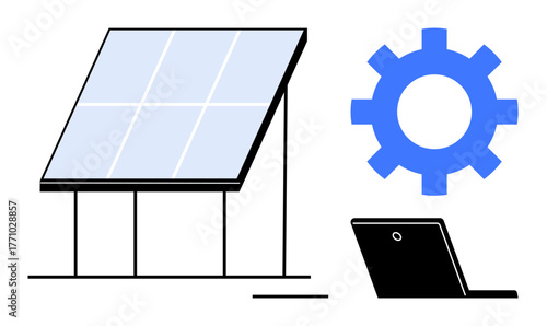 Solar panel representing clean energy, gear for process optimization, laptop symbolizing digital tools. Ideal for renewable energy, sustainability, tech integration, environmental awareness