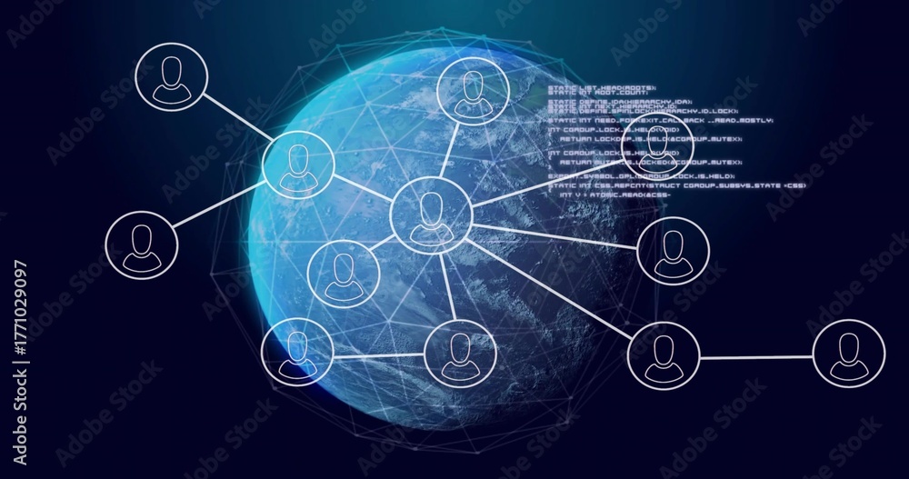 Naklejka premium Displaying 3D globe rotating in cyberspace, with mesh overlay linking avatar icons and code snippet