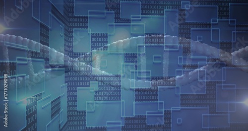 Ice-covered network cable stretching in digital scene, with cascading binary digits and blue panels