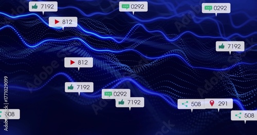 Hovering speech bubbles for likes, comments, views, shares, check-ins on dashboard, with blue waves