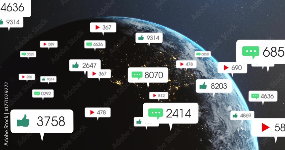 Naklejka premium Displaying Earth globe glowing in space, with floating thumbs-up, comment bubbles, play icons