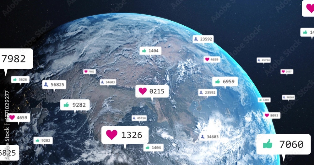 Naklejka premium Showing planet Earth rotating in outer space, surrounded by social-media notification bubbles