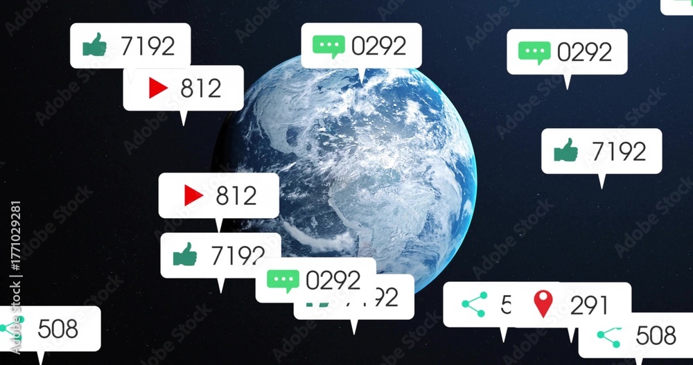 Fototapeta premium Rotating Earth showing social media notification bubbles in space, featuring engagement counts