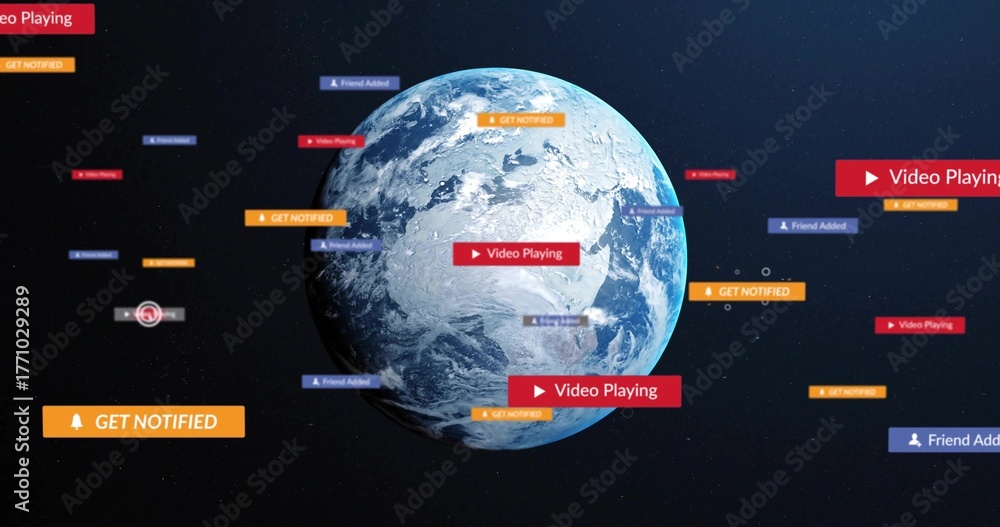 Obraz premium Floating Earth in space, with red playback, orange GET NOTIFIED, blue Friend Added banners, reticle