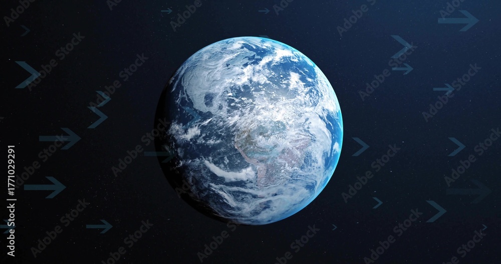 Fototapeta premium Rotating Planet Earth drifting in outer space, with transparent arrow icons indicating direction