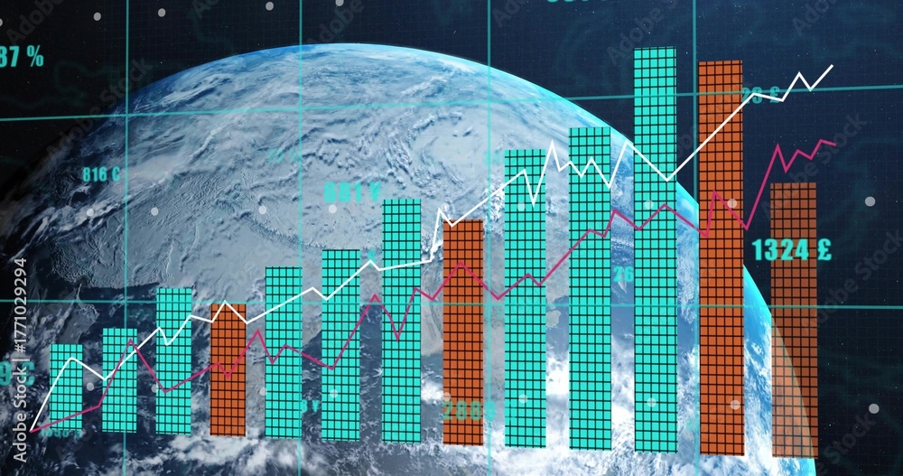 Fototapeta premium Overlaying bar chart and trend lines on Earth globe in dashboard, with grid and numeric labels