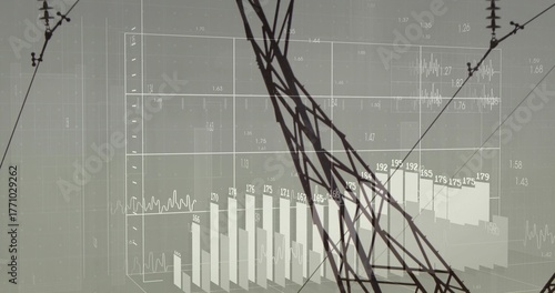 Showing silhouette of power line cables and tower in digital interface, with line graph traces