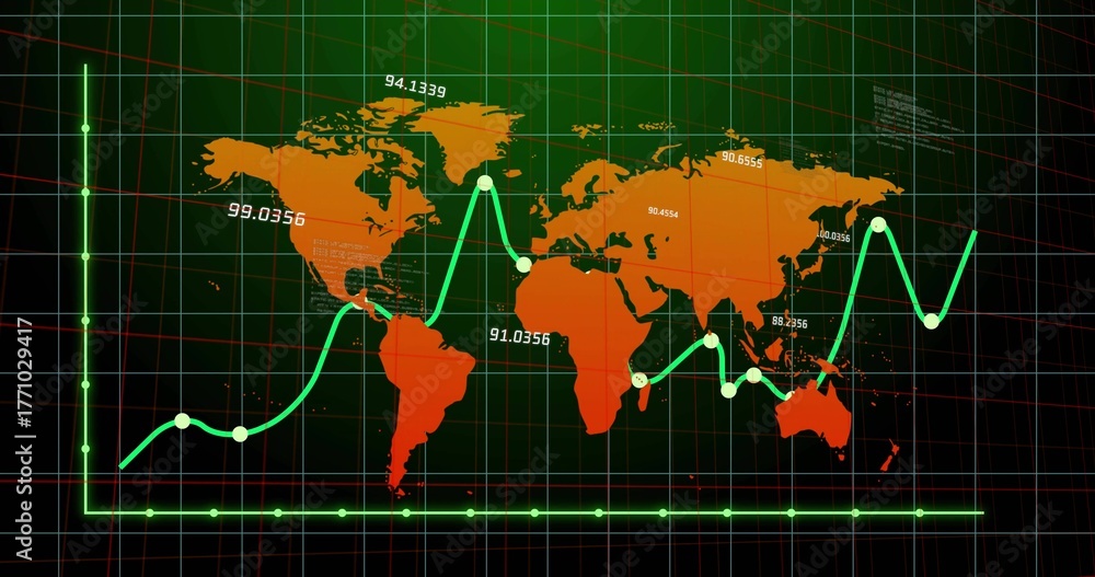 Obraz premium Displaying orange world map on dashboard over green grid with neon graph markers and numeric labels