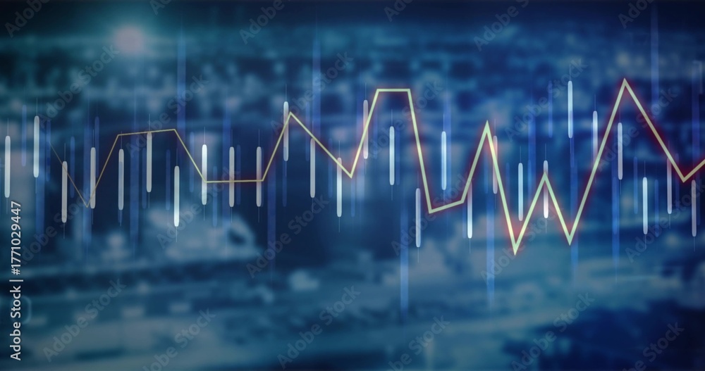 Obraz premium Displaying glowing line graph and vertical data bars over nighttime urban skyline, data overlay