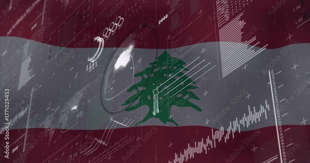 Naklejka premium Displaying Lebanese flag with cedar emblem stretching across dashboard, with line and bar charts