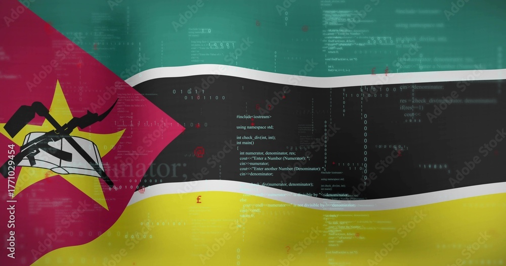 Naklejka premium Waving Mozambique flag displaying binary code in cyber backdrop, with rifle hoe book and star