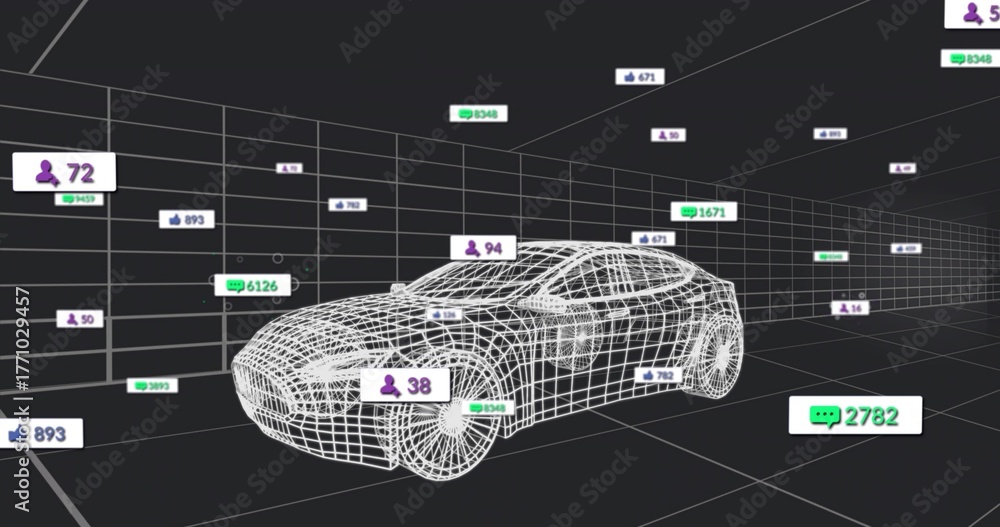 Naklejka premium Showcasing 3D wireframe sports car model in grid environment, with floating social metric tags