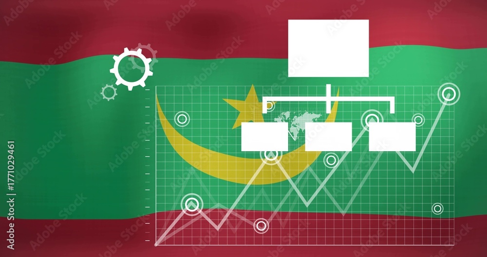 Naklejka premium Line graph with flowchart nodes trending upward over white Mauritania flag grid, with gear icons