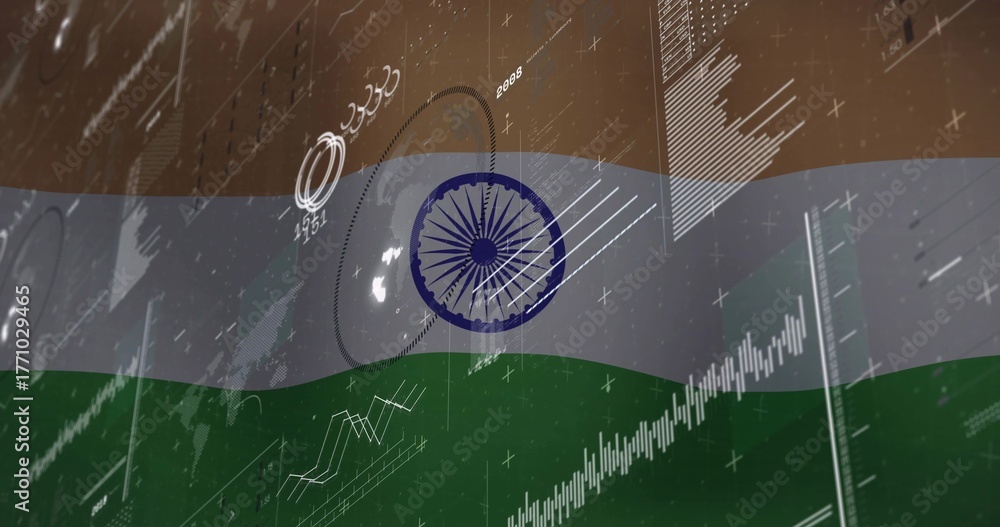 Naklejka premium Displaying Indian flag waving over analytics backdrop, with data visualizations and HUD markers