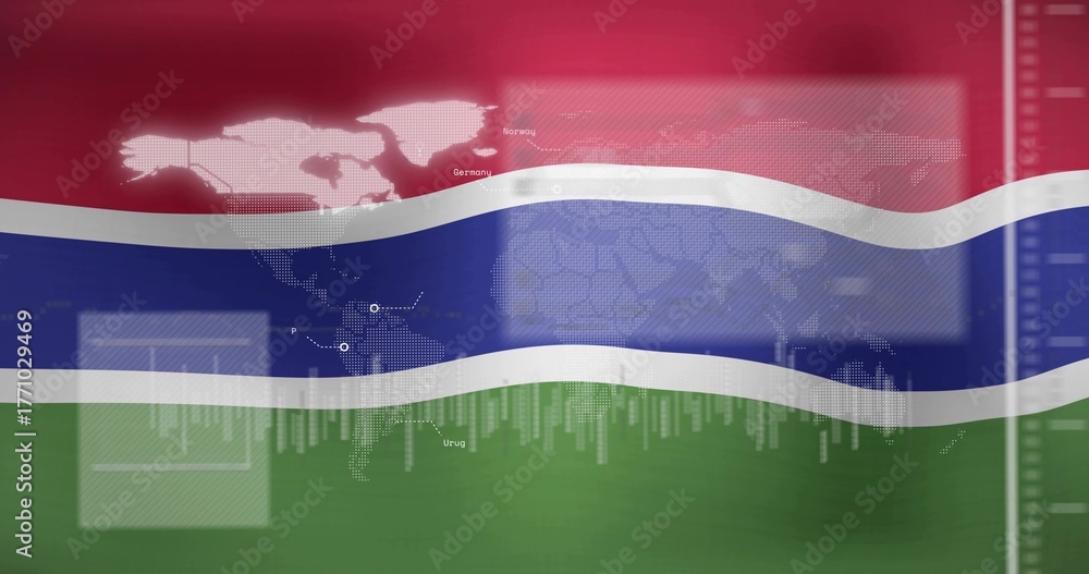 Naklejka premium Flowing Gambia flag stripes streaming across screen, with map and Norway Germany Uruguay labels