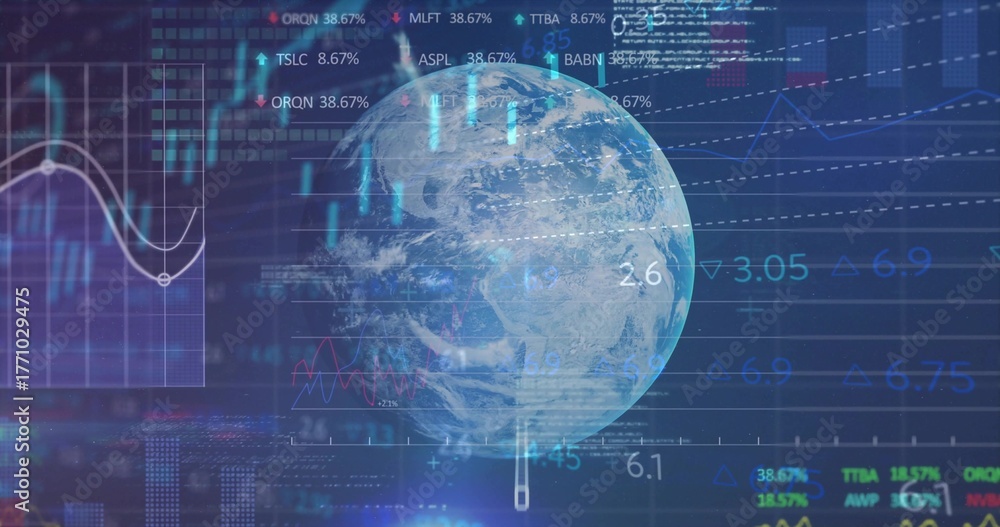Fototapeta premium Displaying 3D Earth globe hovering over dashboard, showing line charts ticker symbols data overlays