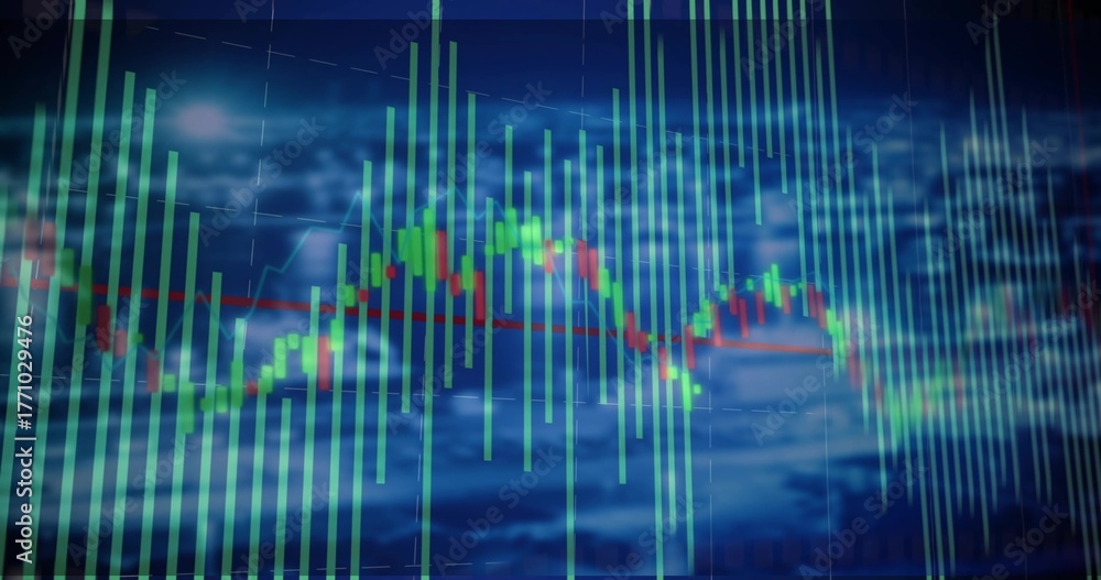 Fototapeta premium Displaying data visualization on screen, with green bars, red-and-green line and grid overlay