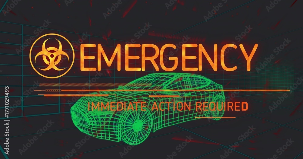 Obraz premium Green wireframe car showing emergency biohazard immediate action required in 3D space red glitches