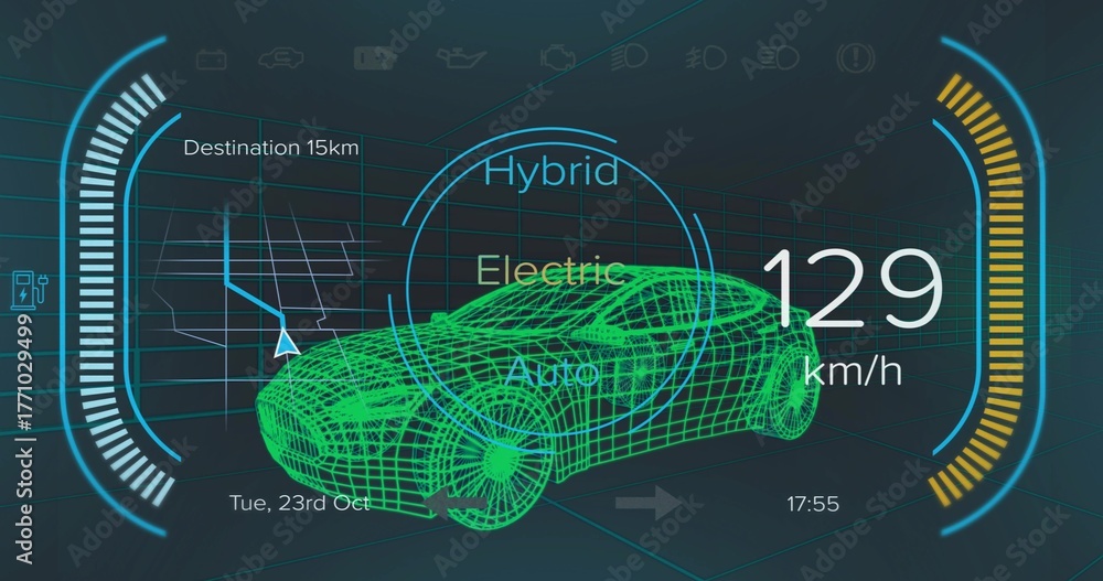 Obraz premium Showing green wireframe car model on grid at HUD, with speedometer gauge and drive-mode selector