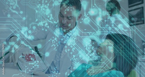 Wallpaper Mural Leaning white-coated dentist examining patient teeth in modern clinic, with circuit-board overlay Torontodigital.ca