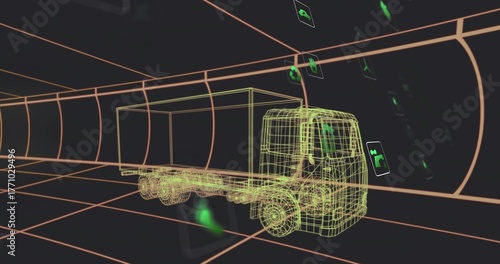 Showing yellowish wireframe cargo truck inside dark neon tunnel, with floating green network icons