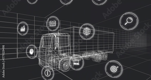 Displaying wireframe cargo truck model in virtual grid environment, showing floating digital icons
