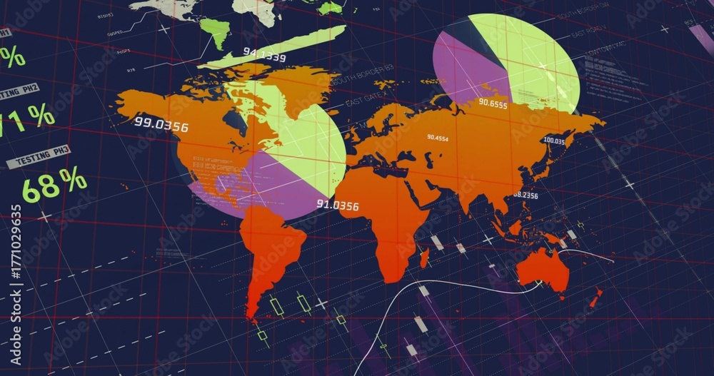 Obraz premium Displaying world map with pie charts and dashboard metrics on grid, showing trajectories and icons
