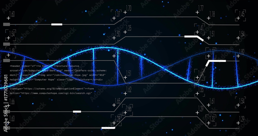 Fototapeta premium Hovering glowing DNA double helix in virtual space, with numeric callouts and code fragments