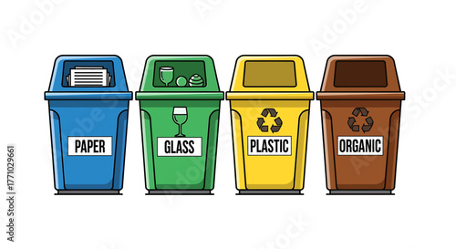 A detailed Vector Illustration of segregated waste management featuring four labeled containers for paper, glass, plastic, and organic recycling