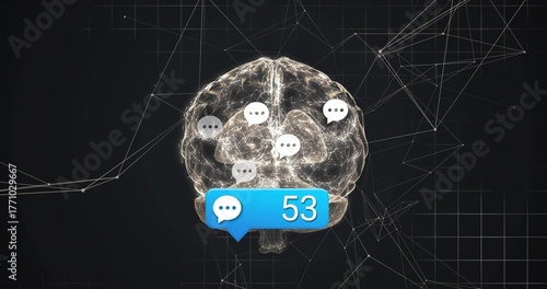 Floating brain glowing in network grid environment, with blue notification bubble and speech icons