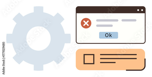 Gear icon surrounded by an error message popup with Ok button and a notification banner. Ideal for software troubleshooting, system maintenance, user alerts, IT issues, system integration, task