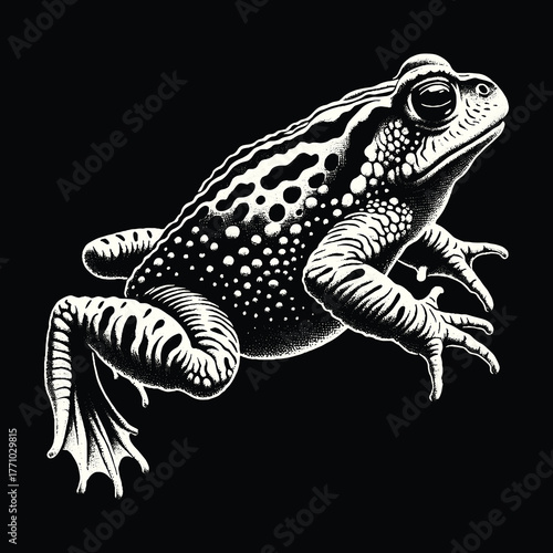 Detailed black and white illustration of a frog on a dark background.