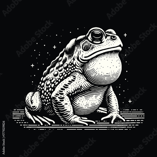 Majestic Toad Portrait: A Detailed Black and White Illustration.