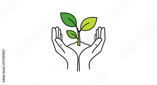 Vector Illustration Gentle Hands Cradling a Young Green Plant Sprout, Symbolizing Growth, Nature Care, Environmental Protection, and Sustainable Future
