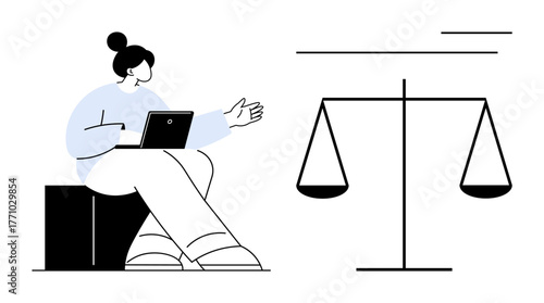 Woman sitting with laptop extending hand towards balance scale symbolizing justice, negotiation, fairness, equality, decision-making, problem-solving, and legal solutions. Ideal for simple flat