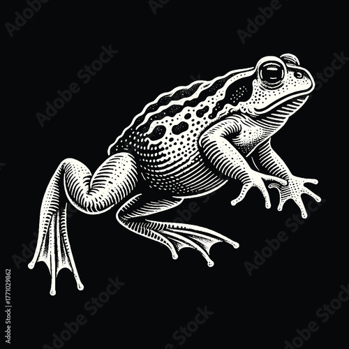 Detailed frog illustration on black background artistic amphibian design.