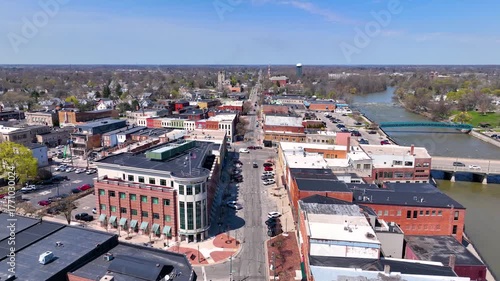 Historic residential buildings aerial view on E Elm Avenue in historic downtown Monroe, Michigan MI, USA. 
