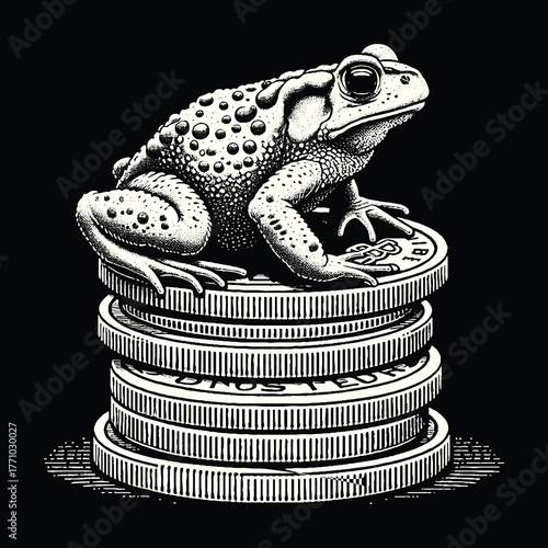 Toad perched atop a stack of coins wealth concept.