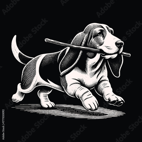 Basset Hound Dog Carrying Stick Black and White Illustration.