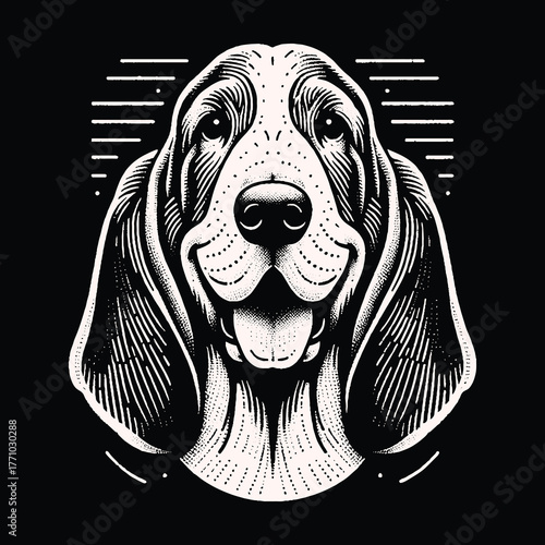 Basset Hound Portrait: Detailed Black and White Illustration.
