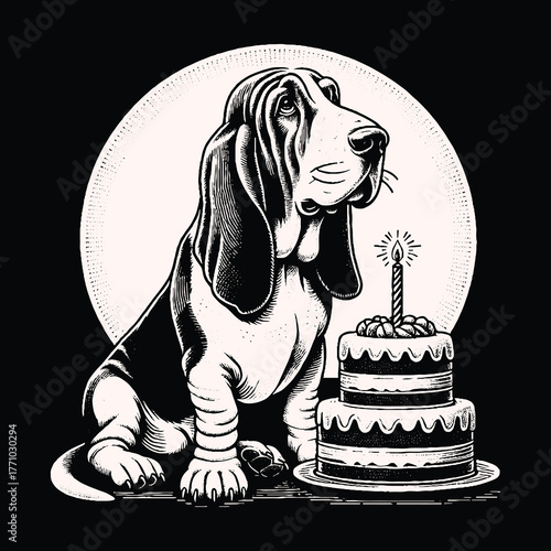 Basset Hound Birthday Celebration with Cake and Candle.