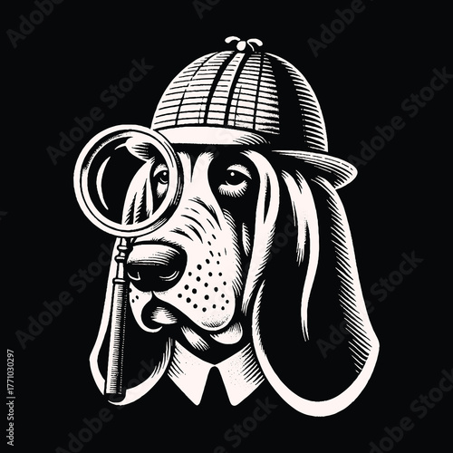 Detective Dog with Magnifying Glass and Hat.