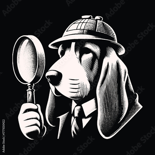 Detective Dog with Magnifying Glass and Hat.