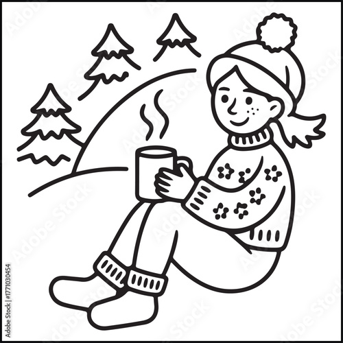 Cozy girl Christmas black and white coloring pages with Christmas-related images for adults and teens.