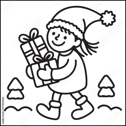 Cozy girl Christmas black and white coloring pages with Christmas-related images for adults and teens.