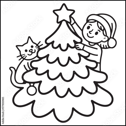 Cozy girl Christmas black and white coloring pages with Christmas-related images for adults and teens.
