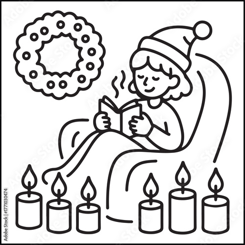 Cozy girl Christmas black and white coloring pages with Christmas-related images for adults and teens.