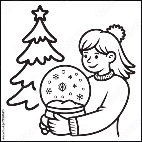Cozy girl Christmas black and white coloring pages with Christmas-related images for adults and teens.
